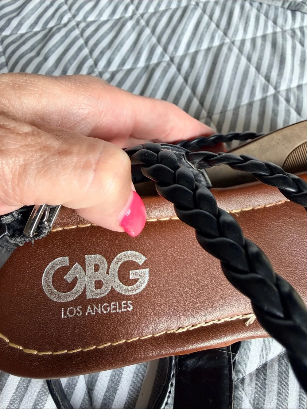 GBG Los Angeles Black Braided Strap Flat Sandals